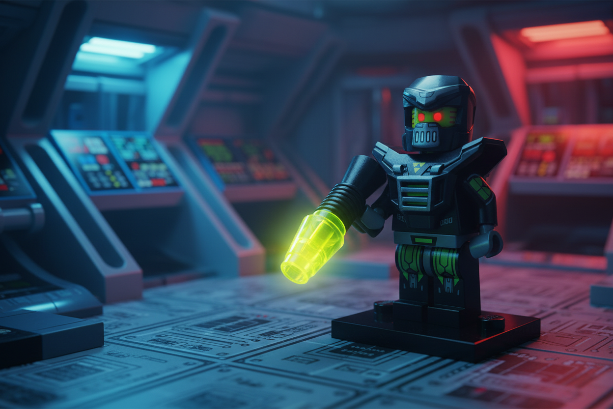 LEGO Evil Mech Space Droid Minifigure in futuristic sci-fi setting