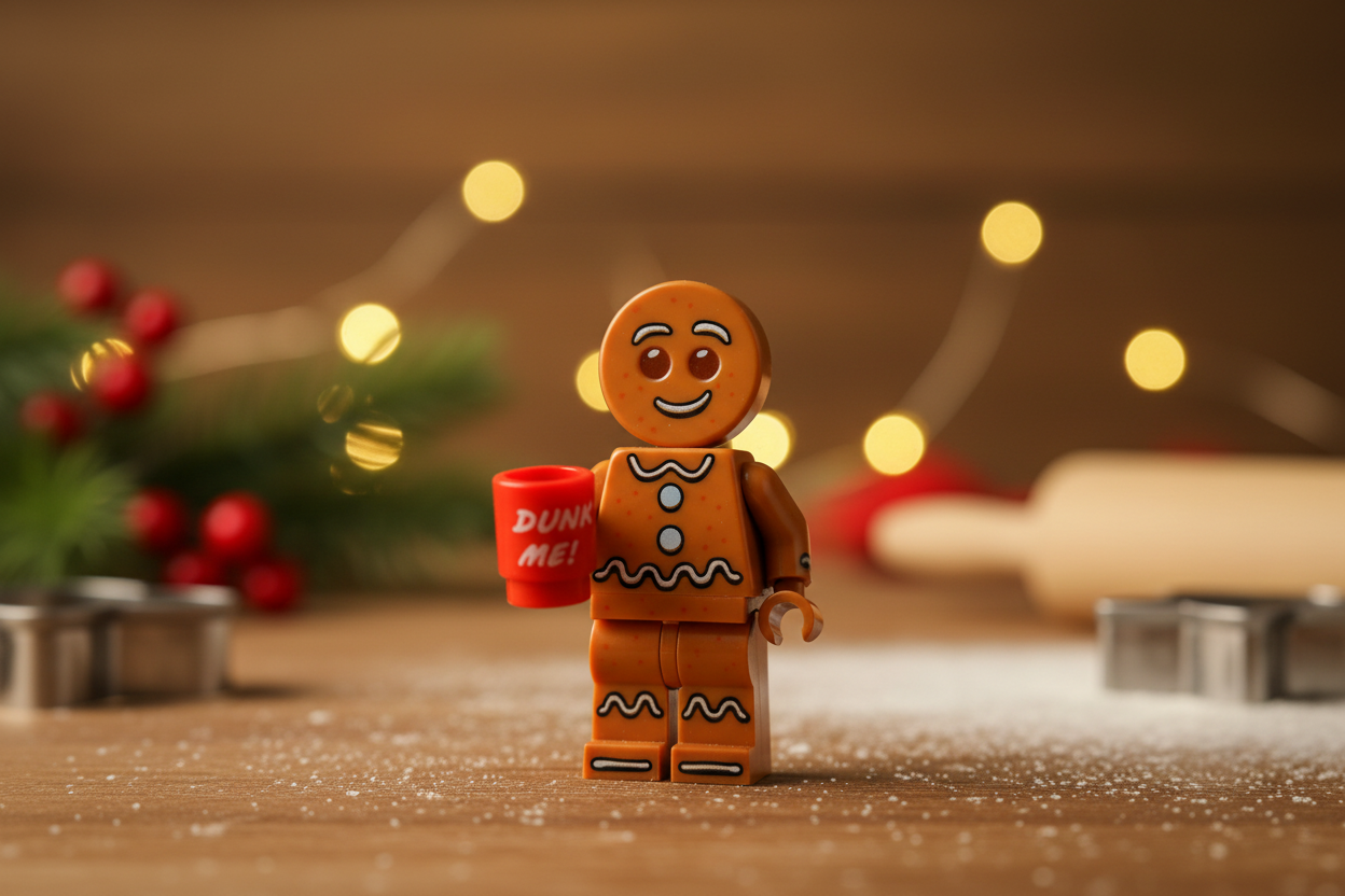 LEGO Gingerbread Man Minifigure in festive holiday setting