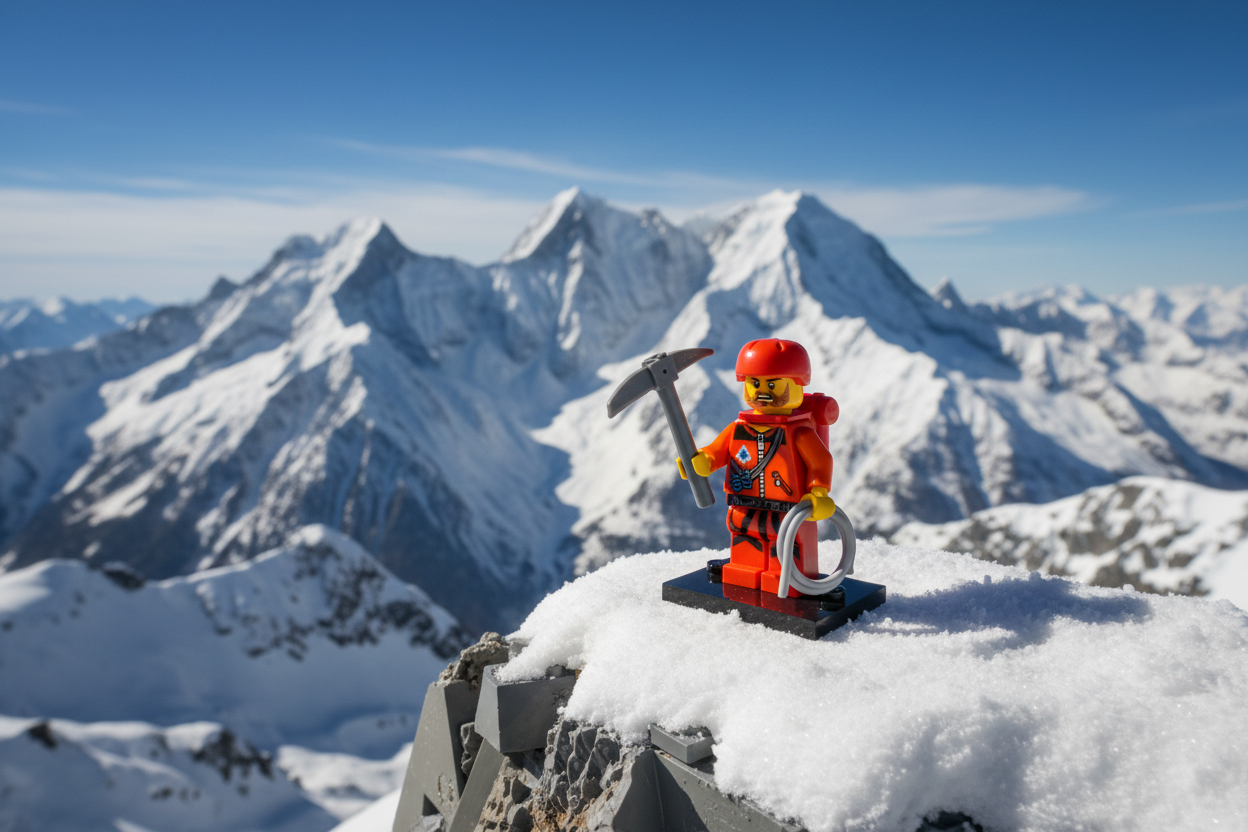LEGO Mountain Climber Minifigure on snowy mountain peak